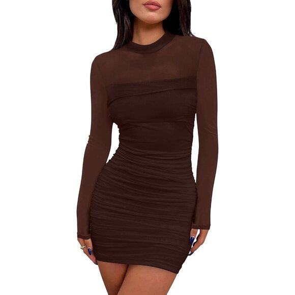 Dresses & Skirts - Women's Coffee Long Sleeve Ruched Bodycon Neck Mini Party Dresse